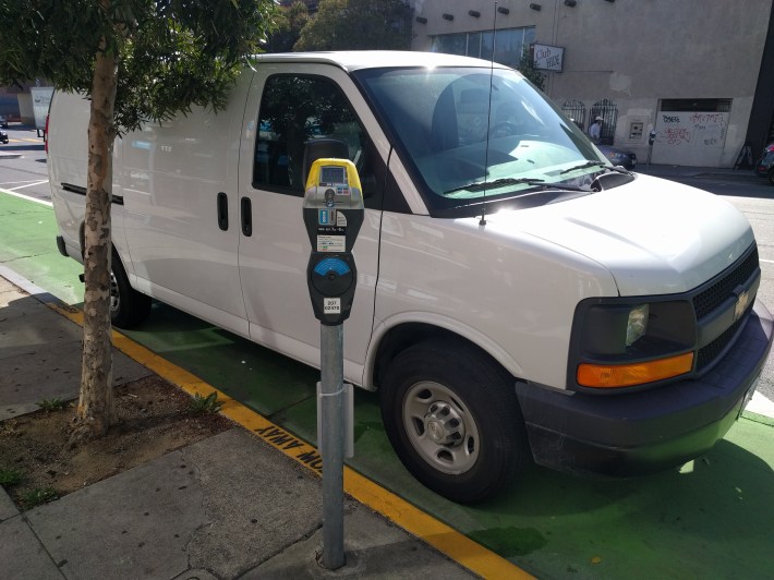 A scofflaw parker defeating the bike lane on 7th, near the intersection with Folsom. Streetsblog hopes SFMTA will consider adding physical barriers on Folsom and elsewhere to prevent this kind of thing from rendering the bike lanes useless.