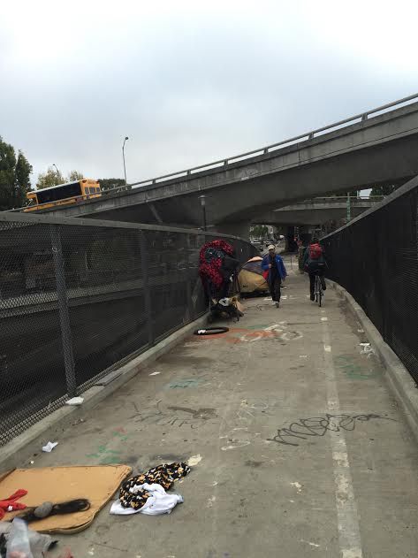 One of the bridges through the Hairball, with encampments and debris. Photo: Streetsblog reader Dan Crosby