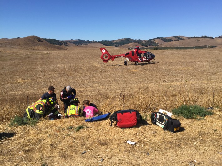 First responders treating one of the cyclists wounded in Saturday's hit and run. Photo: Marin County Bicycle Coalition/Elias