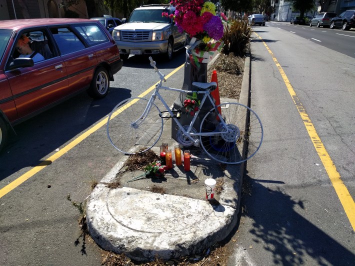 Moises Chavez's ghost bike rests a block away from yesterday's Sunday Streets