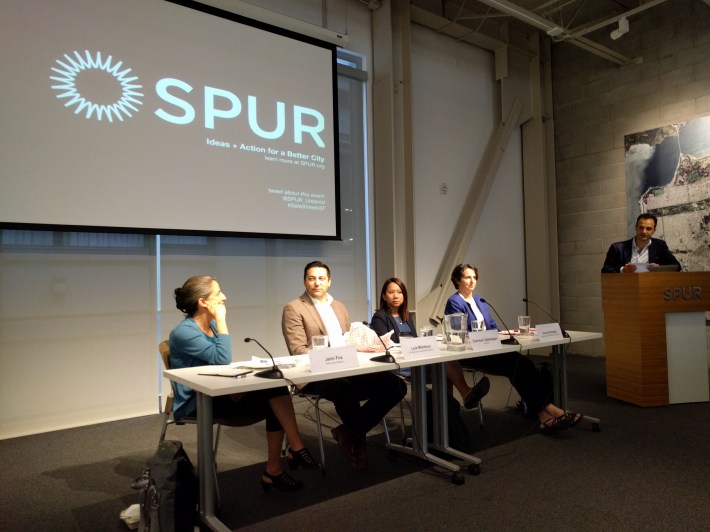 Jenn Fox, Luis Motoya, Clarrissa Cabansagan and Anne Richman, with Nick Josefowitz, who intro'd the panel, at the podium. Photo: Streetsblog/Rudick