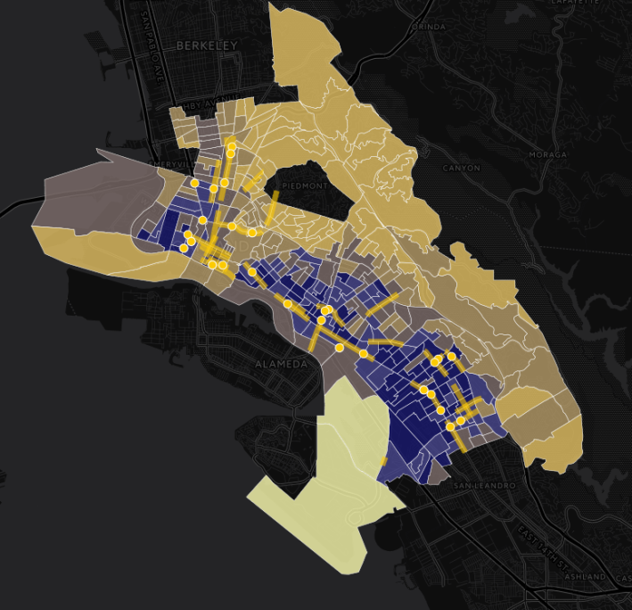 This map from one of the presenters shows an overlay of "communities of concern" in Oakland with the locations of where pedestrians have been killed. Image: OakDOT