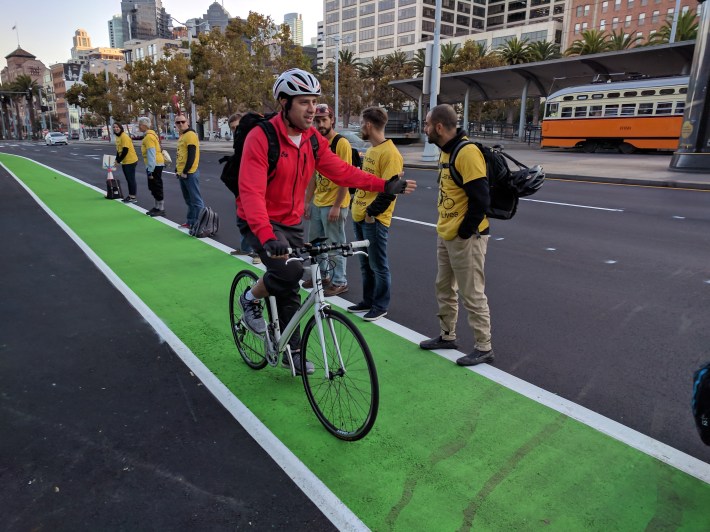 A 2017 People Protected Bike Lane Protest on the Embarcadero, one of many streets still lacking safe infrastructure. Streetsblog/Rudick