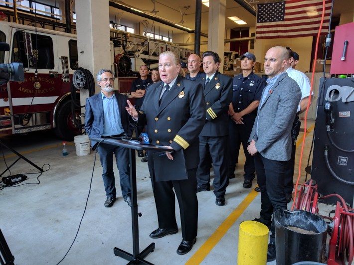 During a low-key presser at the financial district station house, Supervisor Aaron Peskin, Chief Joanne Hayes-White, and SFBC's Brian Wiedenmeier talked about the new truck.