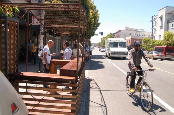 The parklet on Valencia Street in front of Four Barrel Coffee. Brezina pointed out that safe-hit posts could go in right now to keep cars from stopping on this section of bike lane, since cars don't have curb access here anyway. Photo: Aaron Bialick