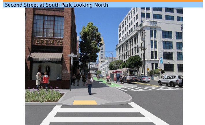 Second Street Looking North. Protected bike lanes and bus boarding islands and phased signals are all great, but why does the bike lane still drop out at intersections?