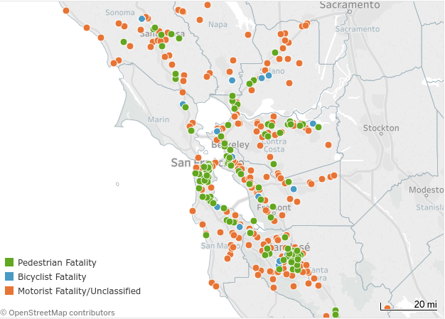 A map of fatal crashes in 2016, from the MTC's 'Vital Signs' website.