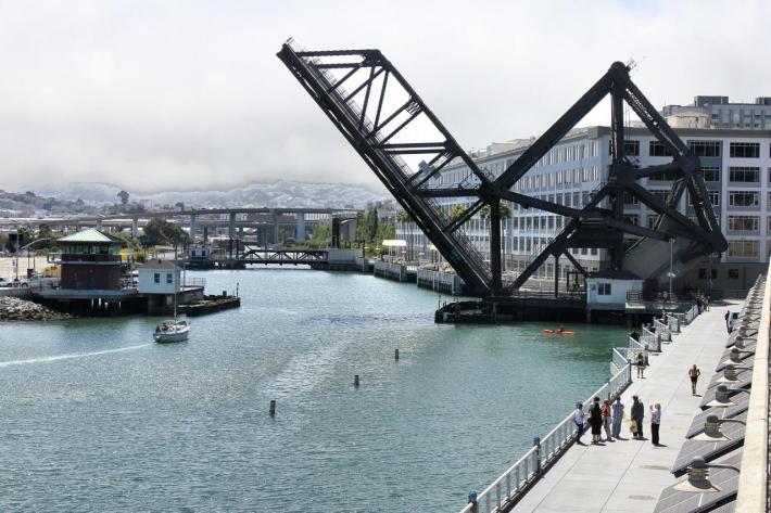 The Lefty O'Doul/Third Street Bridge is currently locked in the upright position for repairs. Photo: Wikimapia