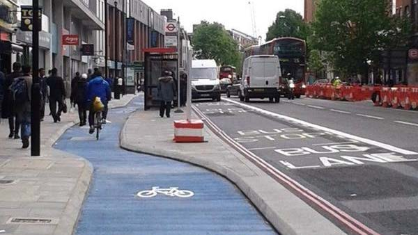 London advocates got poorly designed bike lanes upgrades to fully protected bike lanes with bus-boarding islands.