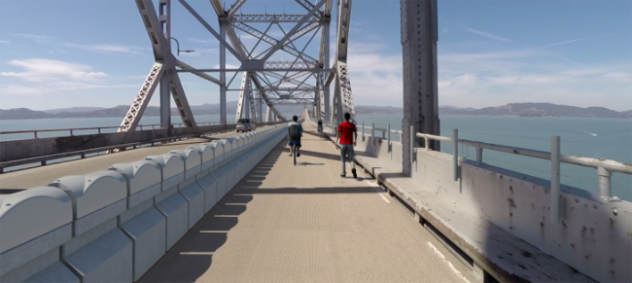 A rendering of the bridge bike and ped path. Funding is now available to study turning this into another car lane. Image: MTC/HTNB
