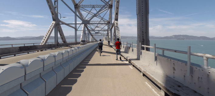 A rendering of the bridge bike and ped path. Funding is now available to study turning this into another car lane. Image: MTC/HTNB