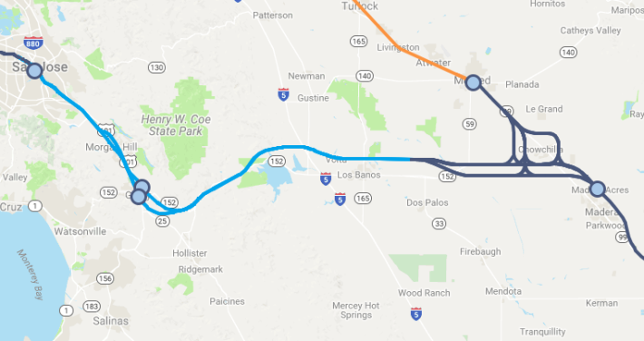 Cost overruns on the Central Valley segment of HSR have drawn questions about completing the connection to the Bay Area (in light blue) by 2025. Image: CaHSRA