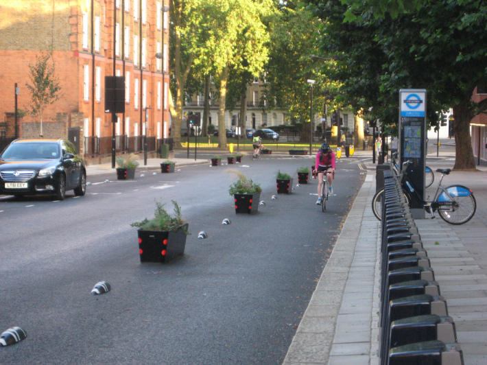 An example of a 'temporary' protected bike lane in London that became permanent.