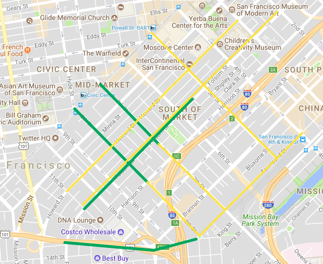 A map of SoMa with newly installed parking protected bike lanes in green and ongoing projects in yellow. Image: SFBC