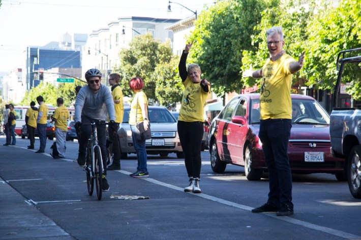 A "People Protected" bike lane protest on Valencia, May 26, 2017. Photo: Brandon Splane