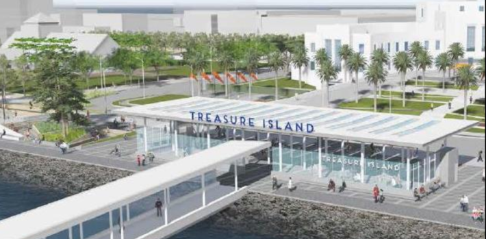 A rendering of the planned Treasure Island ferry landing. But one panelist wondered--are large boats and a big facility the way to go for a ten-minute shuttle run to San Francisco? Image: WETA