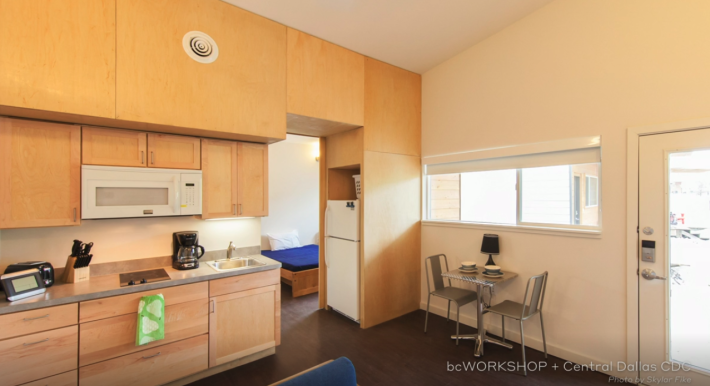 The interior of this Dallas transitional housing comes with a toothbrush and toothpaste waiting. Photo: John Cary's presentation