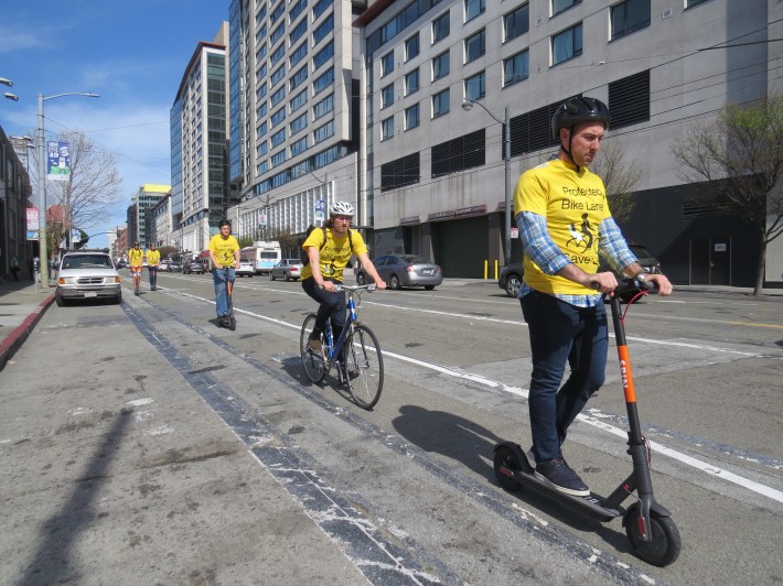 Back in June, a group of San Francisco bike advocates joined forces with scooter supporters to demand better bike infrastructure. Is there a natural synergy between these two transportation modes? Photo: Luis Guerra