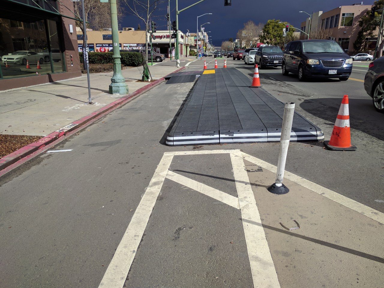 One of Oakland's new plastic bus boarding islands on Telegraph