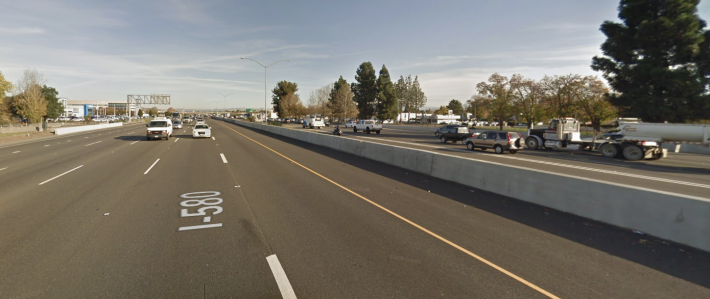 The whole point of building transit in a freeway median is the median. But I-580's median was already taken for a freeway widening project. Image: Google maps