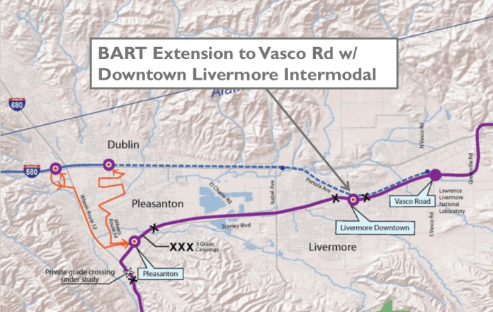 A logical way to tie up the end of the Dublin Pleasanton line would be to leave the freeway median and connect with ACE in downtown Livermore. Image: ACE