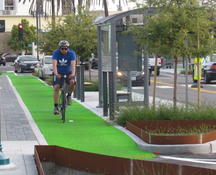The bike lanes loop behind the new bus stops, which feature a wide waiting area, shelter, and plantings.
