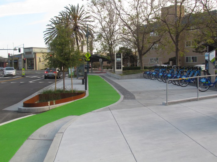 Bus stop, green lane, wayfinding, bike share