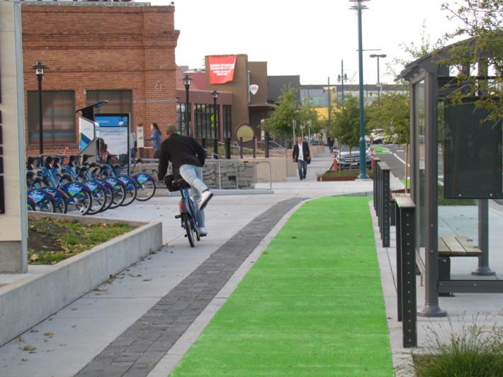 A bike share hub is conveniently located next to the Public Market.