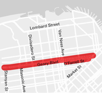 The stretch of Geary that will see improvements under the Geary Rapid project. Image: SFMTA