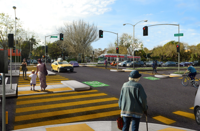 The Steiner over crossing will be removed and the street-level crossing will be greatly improved. Image: SFMTA