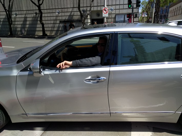 This guy hung out in the crosswalk for at least two cycles of the light.