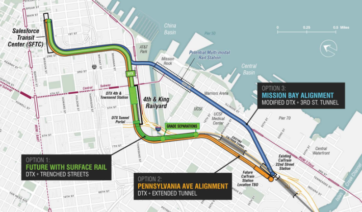 SF Planning staff's recommended alignment, now approved, follows the original DTX plan (green), but with an extended tunnel under Pennsylvania (orange) to help reconnect Mission Bay. Image: SF Planning