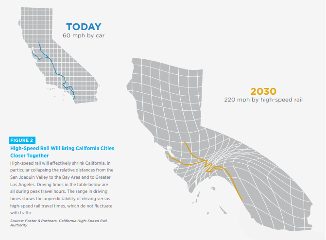 A map of California, by time instead of distance, before and after HSR. Image: CaHSRA