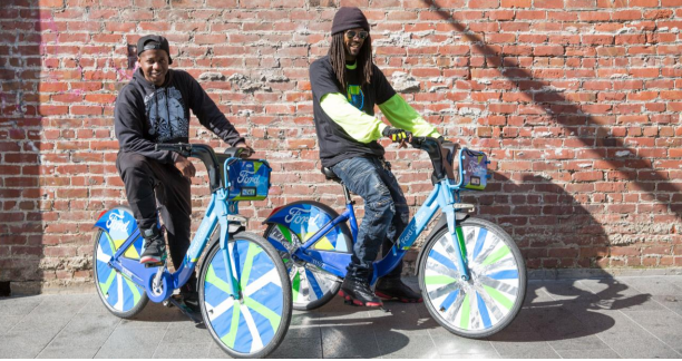 An example of community partnerships, with a group definitely already comfortable with riding... the Scraper Bike team in Oakland, which decked out these GoBikes on Bike to Work Day. From SFMTA's presentation