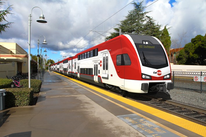 A rendering of one of Caltrains electric train sets, now under construction. Image: Caltrain