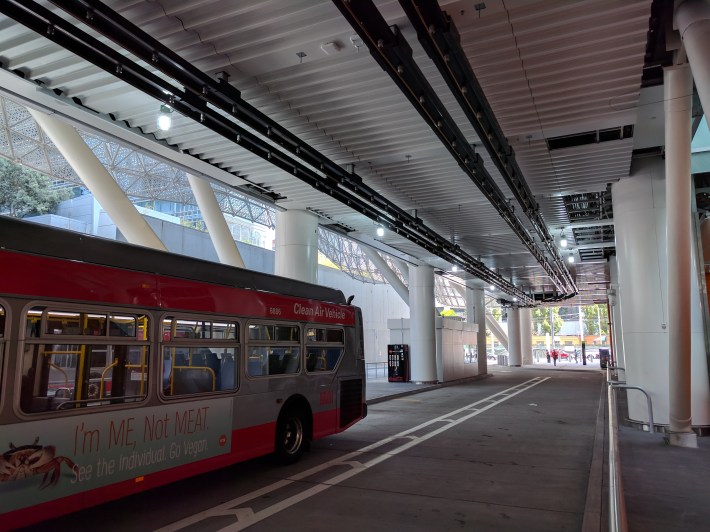 Muni buses arrive and depart from a street-level turnaround