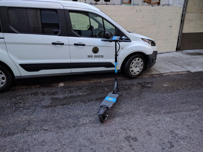 A San Francisco car was parked on the sidewalk on the street where Streetsblog took its test ride this morning.