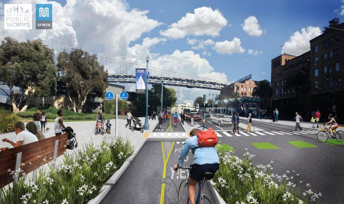 A rendering of the two-way bike lane planned for the Embarcadero. Image: SFMTA