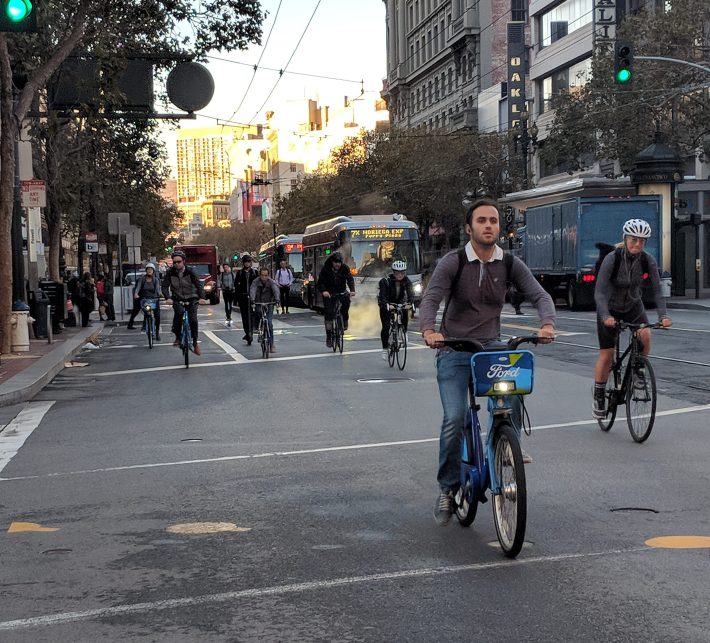 Bikes still rule on Market Street, perhaps thanks to the cap on the number of scooters. Kyle Grochmal