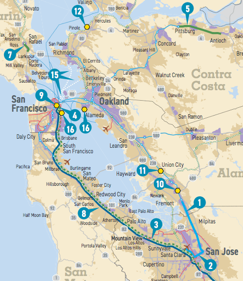 Plan Bay Area 2040 includes maps like this, showing a sprinkling of isolated “high-performing” projects across the region, but no map or vision of regional network connectivity.
