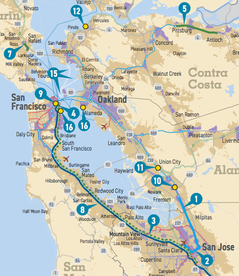 Plan Bay Area 2040 includes maps like this, showing a sprinkling of isolated “high-performing” projects across the region, but no map or vision of regional network connectivity.