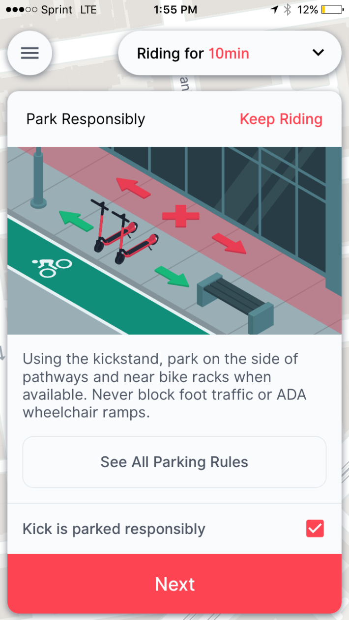 Scoot's instructions on where to park its kick scooters, from its app.