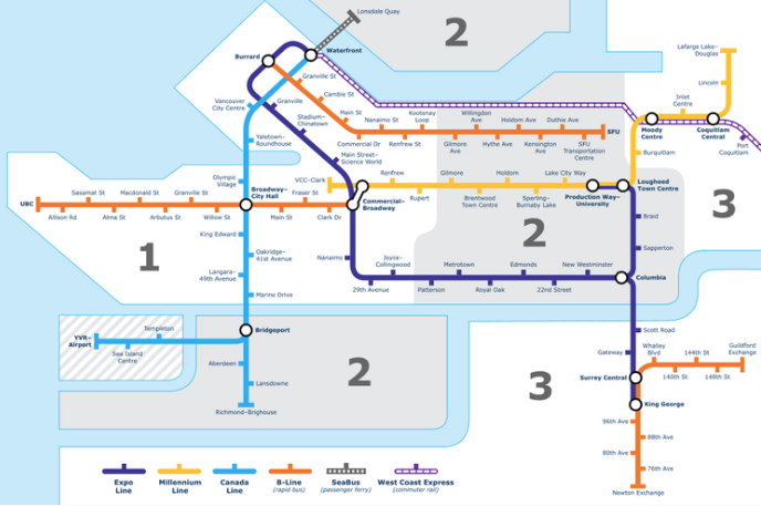 A zone-based system, seen here for Vancouver, would allow transit riders to use ferries, buses, and trains for the same fare regardless of operator.