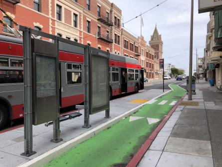 A bus-boarding island at North Point and Polk with a level crossing area for the disabled. SFMTA plans to use bus boarding islands such as this on Howard. Photo: Bruce Halperin