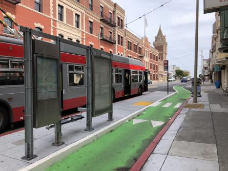 A bus-boarding island at North Point and Polk with a level crossing area for the disabled. Photo: Bruce Halperin