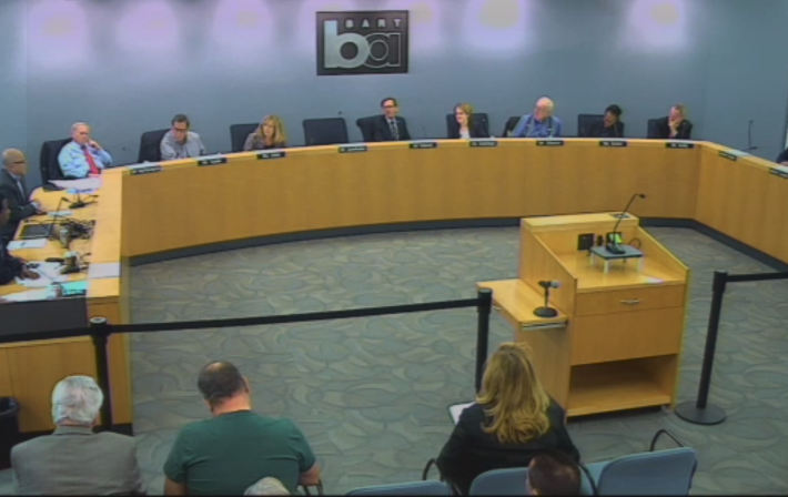 The BART board deliberating the question of whether to put Ford GoBike docks on the 24th and Mission plaza. Image: BART TV