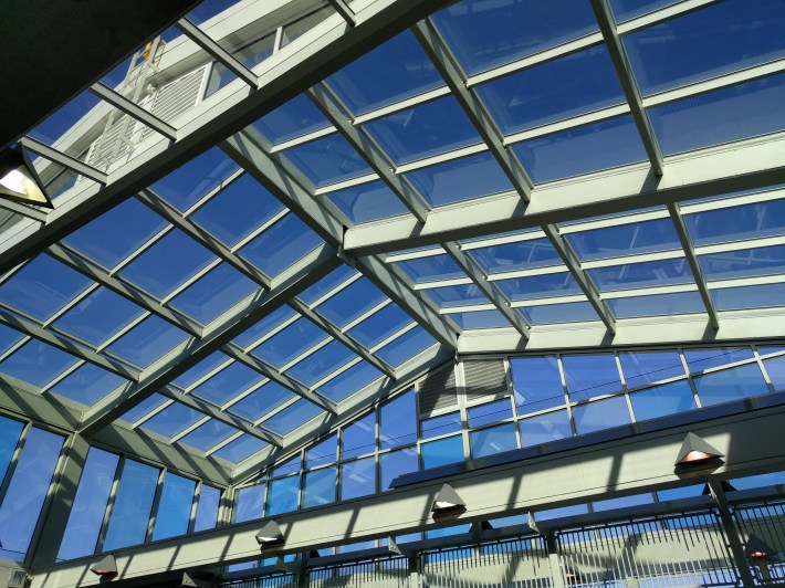 The glass roof of the station's new headhouse