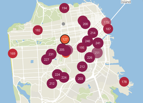 A snap shot of dangerous air quality from noon, Nov. 14 from PurpleAir