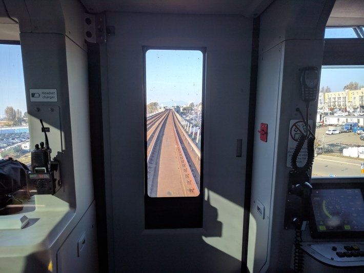 Peering out the front in West Oakland, moments before the moment of truth--the Transbay crossing