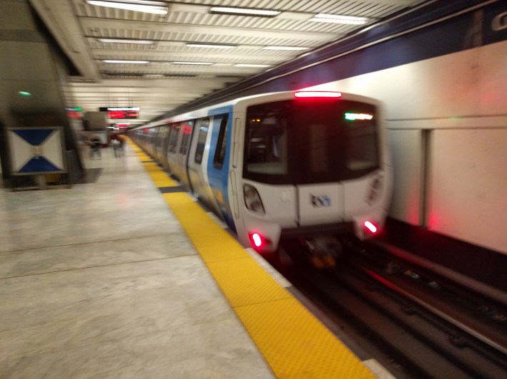 A new BART train leaving Civic Center station in San Francisco.